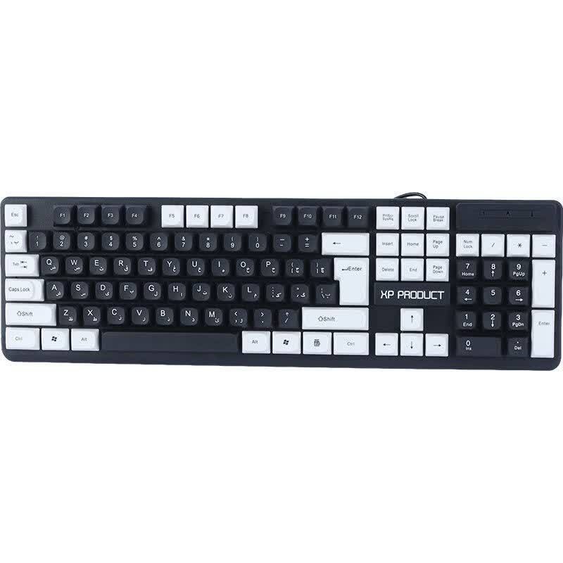 کیبورد سیم‌دار ایکس‌پی پروداکت مدل XP-7700U با کلیدهای فارسی و انگلیسی مشکی و سفید